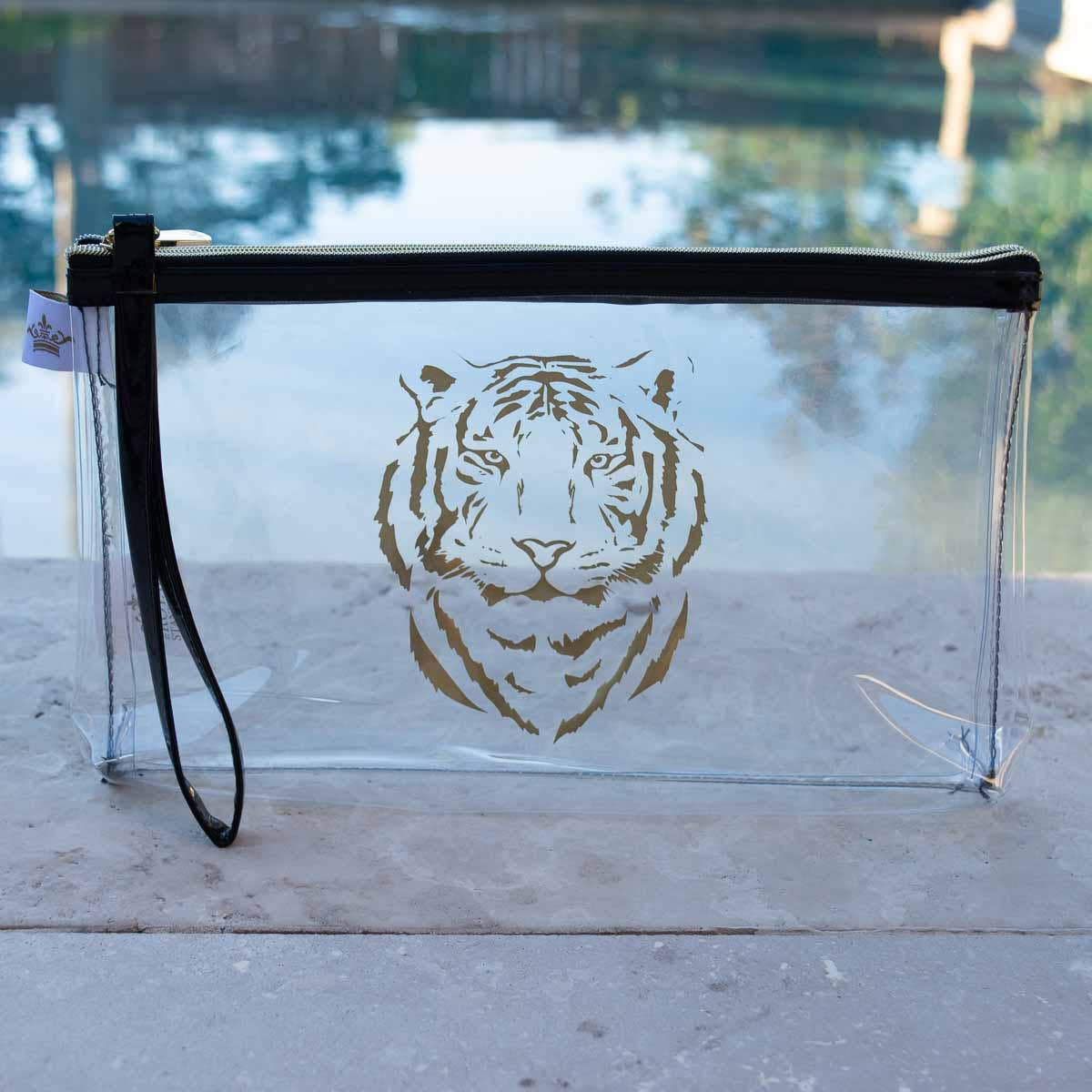 Tiger Clear Organizer Double Zip Pouch    Clear/Black/Gold   10x6x2