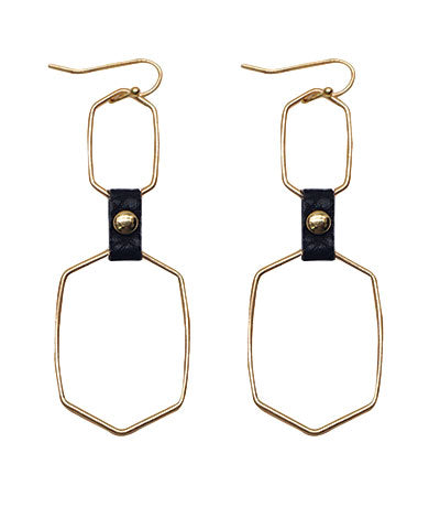 Geometric Hexagon Hanging Earrings with Leather Connector on