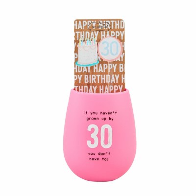 Mud Pie 30 Birthday Silicone Wine Set, glass 12 oz | stirrer 6", PINK