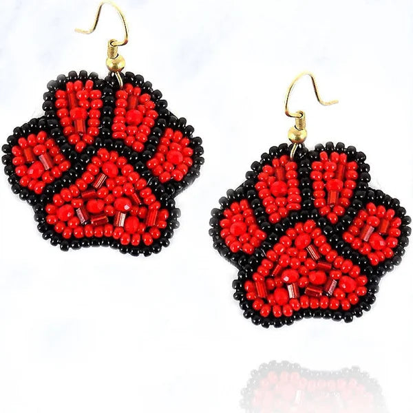 Red and Black Seed Bead Paw Earrings